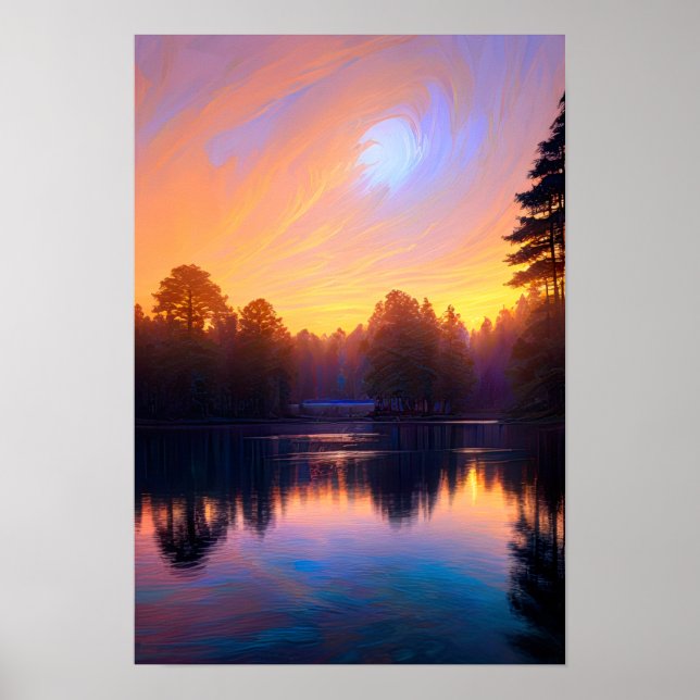 Póster Atardecer dorado sobre el tranquilo lago (Frente)