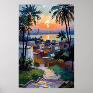 Póster Atardecer dorado sobre la ciudad costera