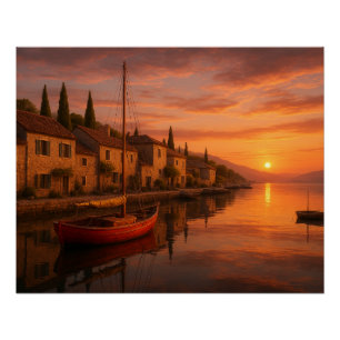 Póster Atardecer dorado sobre pueblo costero