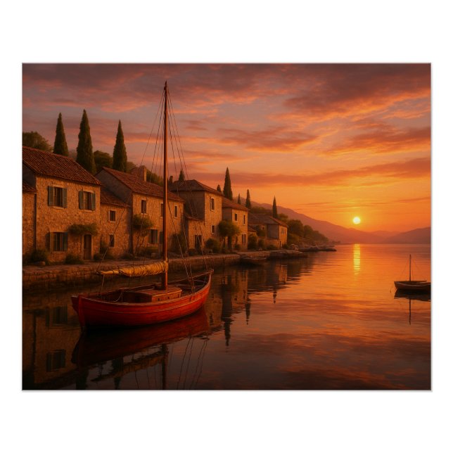 Póster Atardecer dorado sobre pueblo costero (Anverso)