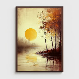 Póster Atardecer dorado sobre un lago tranquilo con árbol