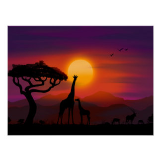 Póster Atardecer en África con animales