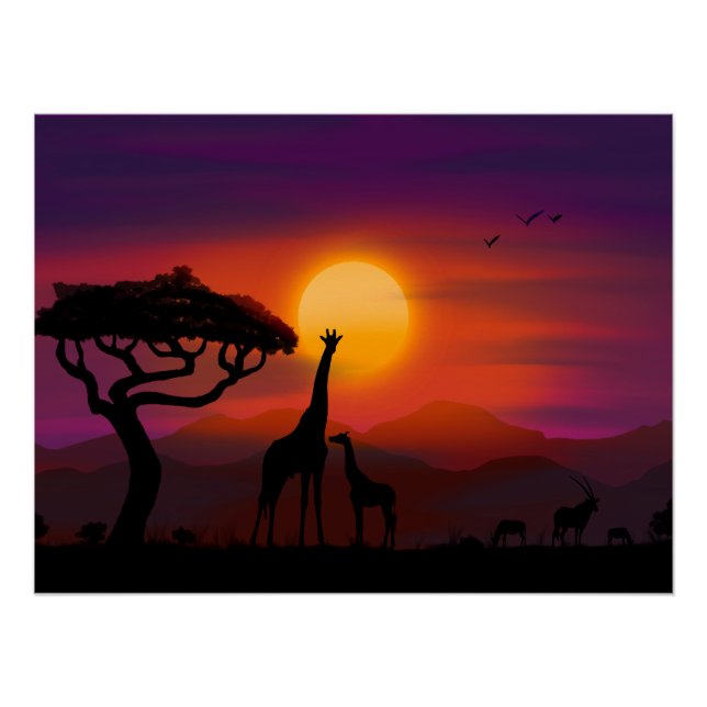 Póster Atardecer en África con animales (Anverso)
