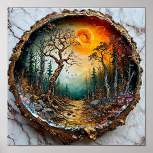 Póster Atardecer en Bosque Mágico Círculo de Madera Fanta