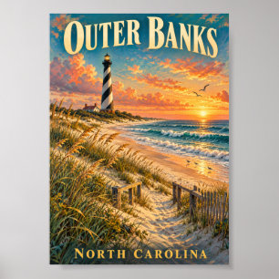 Póster Atardecer en el Faro de Outer Banks Carolina del N