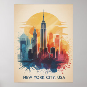 Póster Atardecer en el horizonte de la ciudad de Nueva Yo