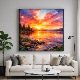 Póster Atardecer en el Lago - Estilo de Pintura Acuarela