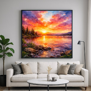 Póster Atardecer en el Lago - Estilo de Pintura Acuarela