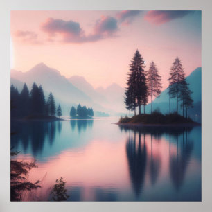 Póster Atardecer en el lago Pastel, agua serena y montaña
