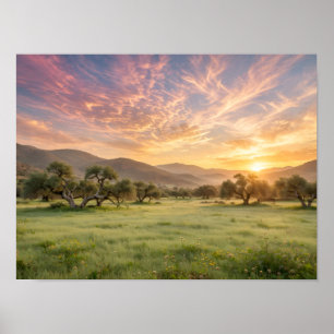 Póster Atardecer en el olivar marroquí - Nubes doradas ro