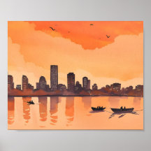 Atardecer en el paisaje urbano | Acuarela del hori