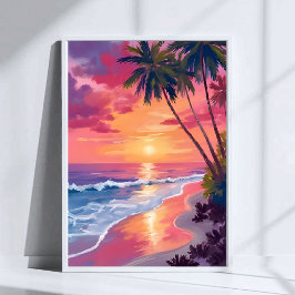 Póster Atardecer en el paraíso | Playa tropical de acuare
