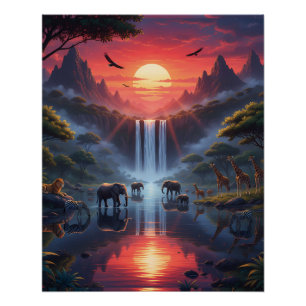 Póster Atardecer en el Serengeti: Un Oasis de Vida Silves