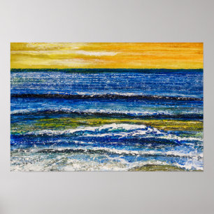 Póster - Atardecer en la costa y olas del mar