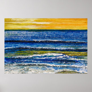 Póster - Atardecer en la costa y olas del mar