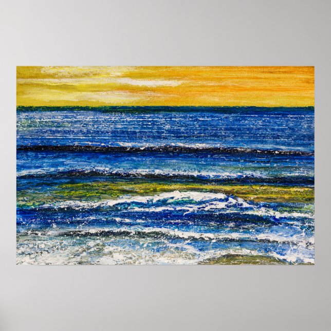 Póster - Atardecer en la costa y olas del mar (Frente)