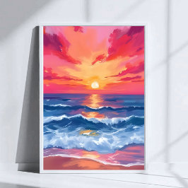 Póster Atardecer en la orilla fucsia | Acuarela de olas d