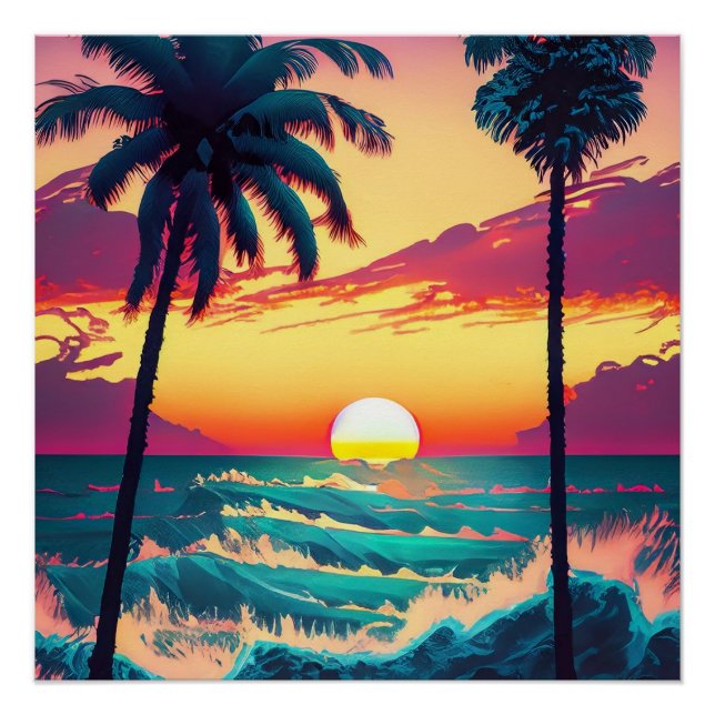 Póster Atardecer en la playa con palmeras pintadas (Anverso)