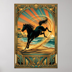 Póster Atardecer en la playa de caballo salvaje Art Deco 