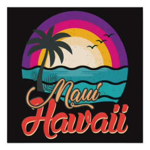 Póster Atardecer en la playa de Maui Hawaii olas