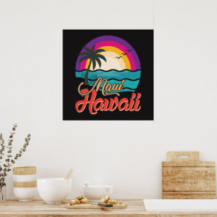 Póster Atardecer en la playa de olas de Maui Hawaii