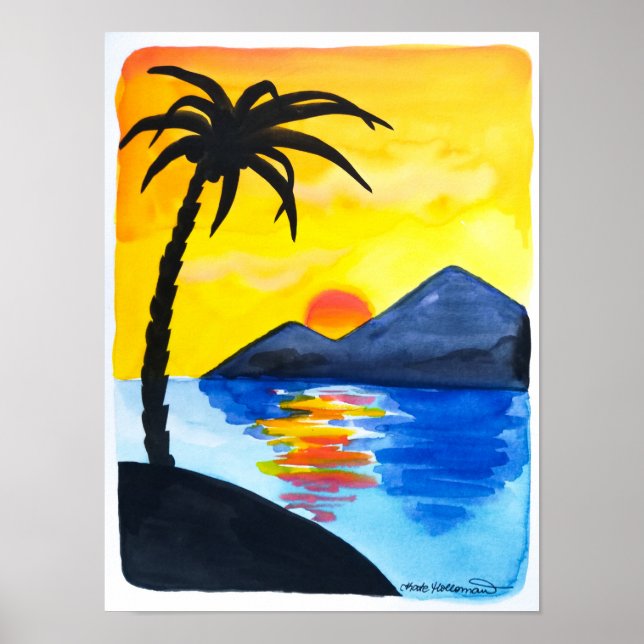 Póster Atardecer en la playa - Ilustracion acuático (Frente)