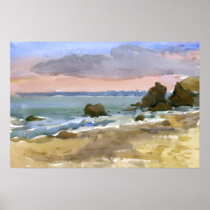 Póster Atardecer en la playa rocosa del Mar Negro en acua