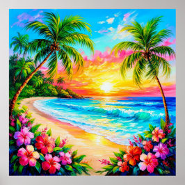 Póster Atardecer en la Playa Tropical Exótica Costera