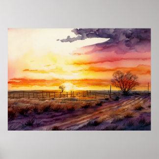 Póster Atardecer En La Prairie Watercolor