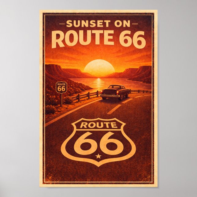 Póster Atardecer en la Ruta 66 Litografía (Frente)