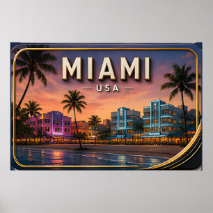 Póster Atardecer en Miami Beach y Ocean Drive