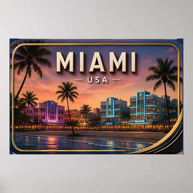 Póster Atardecer en Miami Beach y Ocean Drive (Frente)