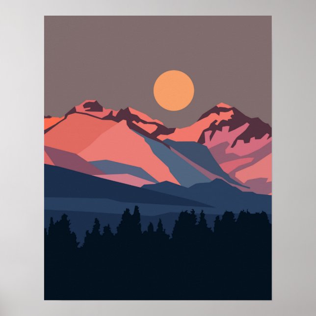 Póster Atardecer en montañas nevadas (Frente)