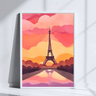 Póster Atardecer en París Torre Eiffel Francia Acuarela