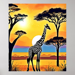 Póster Atardecer en Safari: Abrazo de la Jirafa