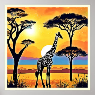Póster Atardecer en Safari: Abrazo de la Jirafa