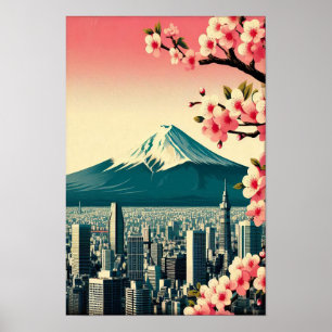Póster Atardecer en Tokio con flores de cerezo