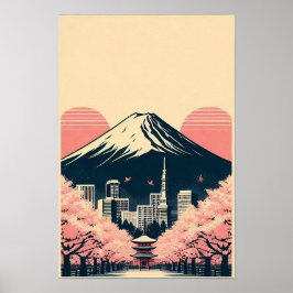 Póster Atardecer en Tokio con flores de cerezo
