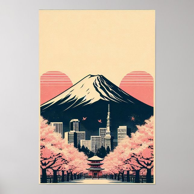 Póster Atardecer en Tokio con flores de cerezo (Frente)