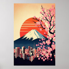Póster Atardecer en Tokio con flores de cerezo