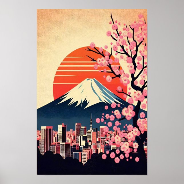 Póster Atardecer en Tokio con flores de cerezo (Frente)