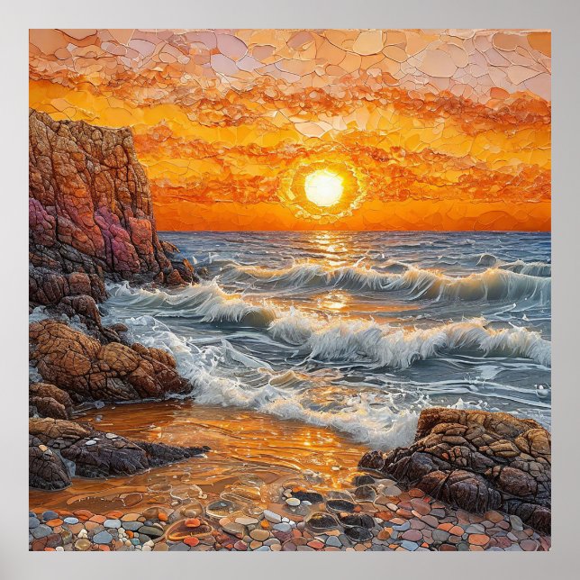 Póster Atardecer Hermoso Sobre el Océano con Olas (Frente)