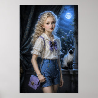 Póster Atardecer iluminado por la luna con chica soñadora