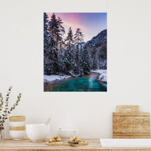Póster Atardecer mágico río turquesa Mojstrana, Eslovenia