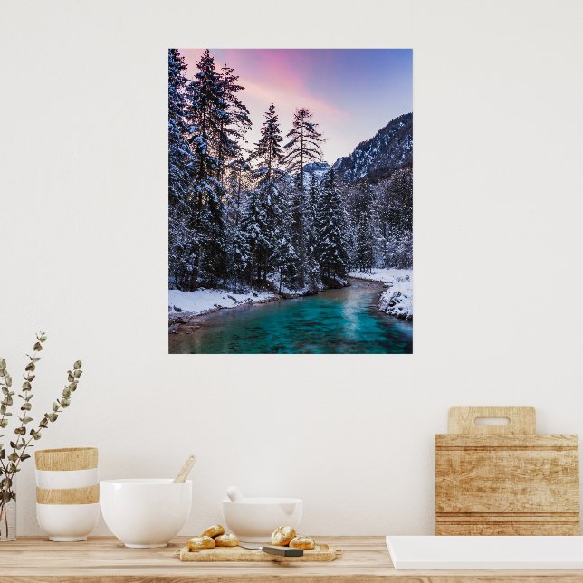 Póster Atardecer mágico río turquesa Mojstrana, Eslovenia (Cocina)