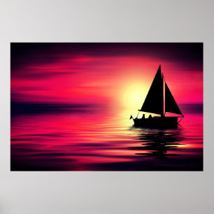 Póster Atardecer, mar, velero