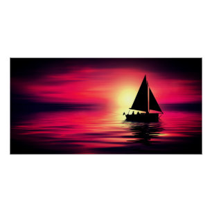 Póster Atardecer, mar, velero