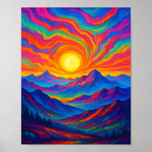 Póster Atardecer montañoso psicodélico vibrante