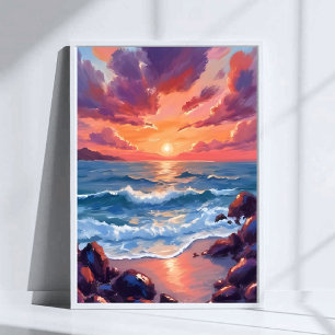 Póster Atardecer Oceánico Acuarela Playa Costera