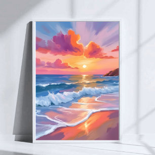Póster Atardecer Oceánico en Pastel Pintura Colorida de